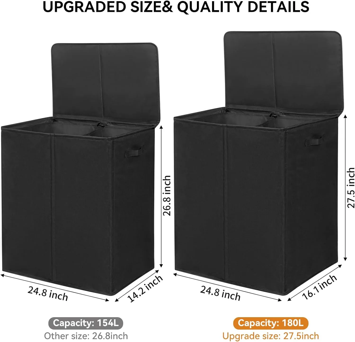 WOWLIVE 180L Double Laundry Hamper with Lid and Removable Laundry Bags, Large Dirty Clothes Hamper 2 section Collapsible Laundry Basket Dorm Room Storage for Bedroom, Bathroom, College,Black