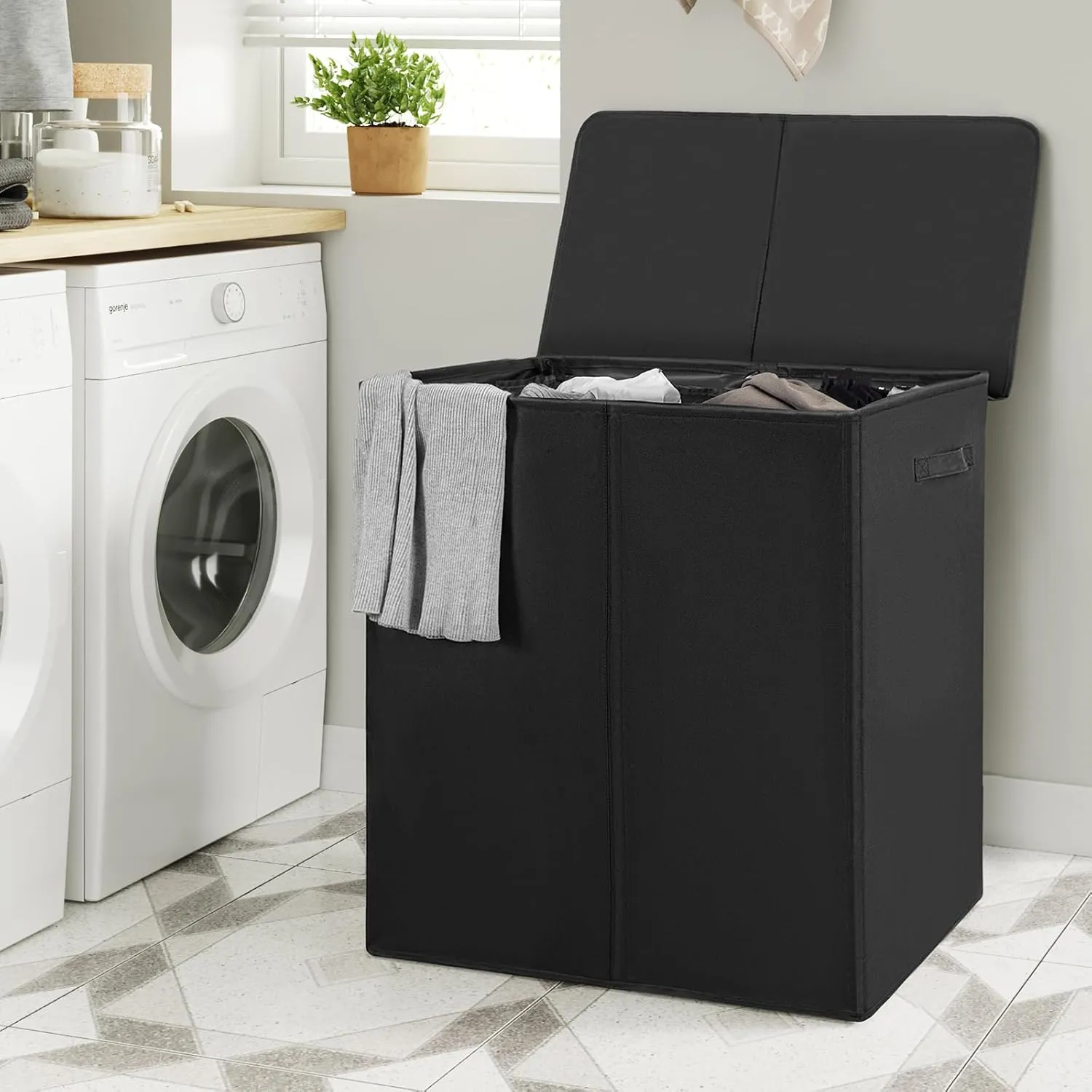 WOWLIVE 180L Double Laundry Hamper with Lid and Removable Laundry Bags, Large Dirty Clothes Hamper 2 section Collapsible Laundry Basket Dorm Room Storage for Bedroom, Bathroom, College,Black