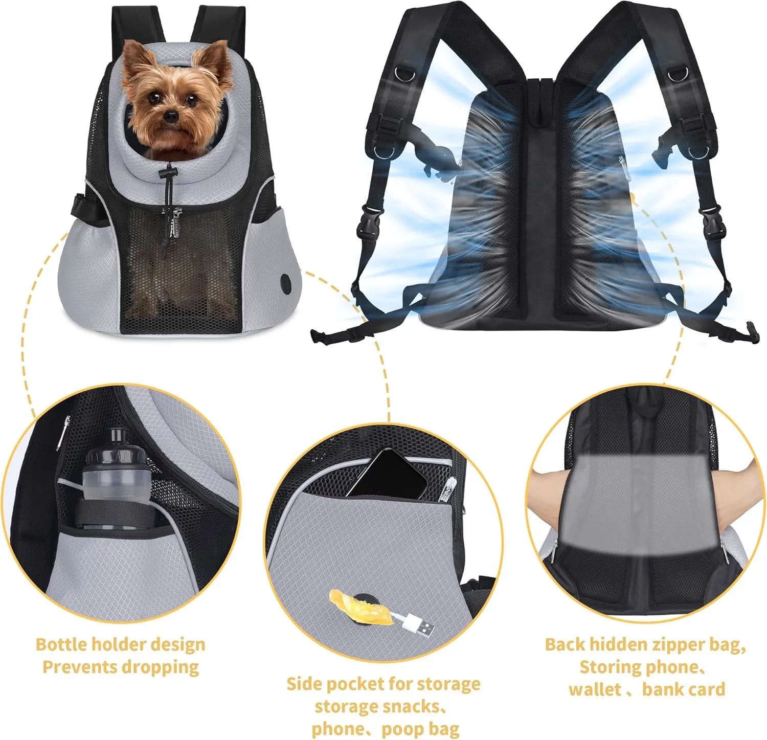 WOYYHO Pet Dog Carrier Backpack Small Dog Front Backpack Ventilated Mesh Dog Travel Back Pack with Safety Belt for Travel Hiking Cycling Outdoor Adventures (Size M: 5-9 lbs, Light Gray)