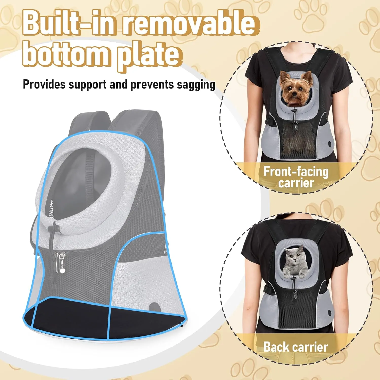 WOYYHO Pet Dog Carrier Backpack Small Dog Front Backpack Ventilated Mesh Dog Travel Back Pack with Safety Belt for Travel Hiking Cycling Outdoor Adventures (Size M: 5-9 lbs, Light Gray)