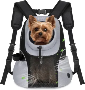 WOYYHO Pet Dog Carrier Backpack Small Dog Front Backpack Ventilated Mesh Dog Travel Back Pack with Safety Belt for Travel Hiking Cycling Outdoor Adventures (Size M: 5-9 lbs, Light Gray)