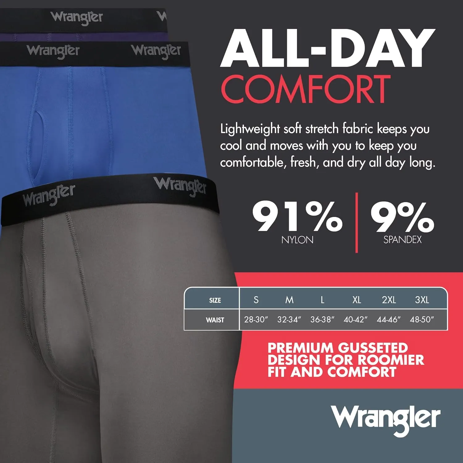 Wrangler Men’s Cooling Boxer Briefs, 6” Inseam, Moisture-Wicking, Stretch Fabric, Pack of 6, Quick Dry