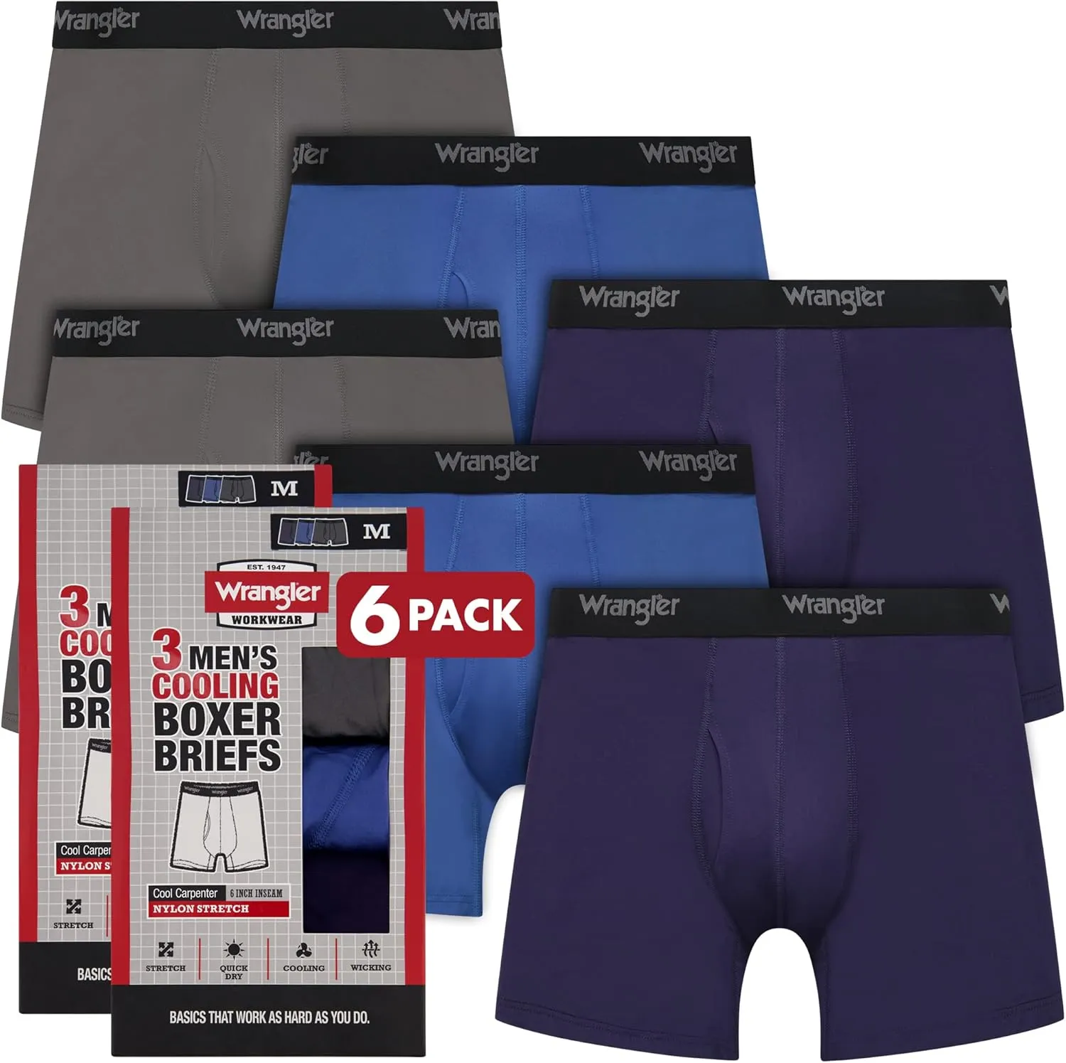 Wrangler Men’s Cooling Boxer Briefs, 6” Inseam, Moisture-Wicking, Stretch Fabric, Pack of 6, Quick Dry