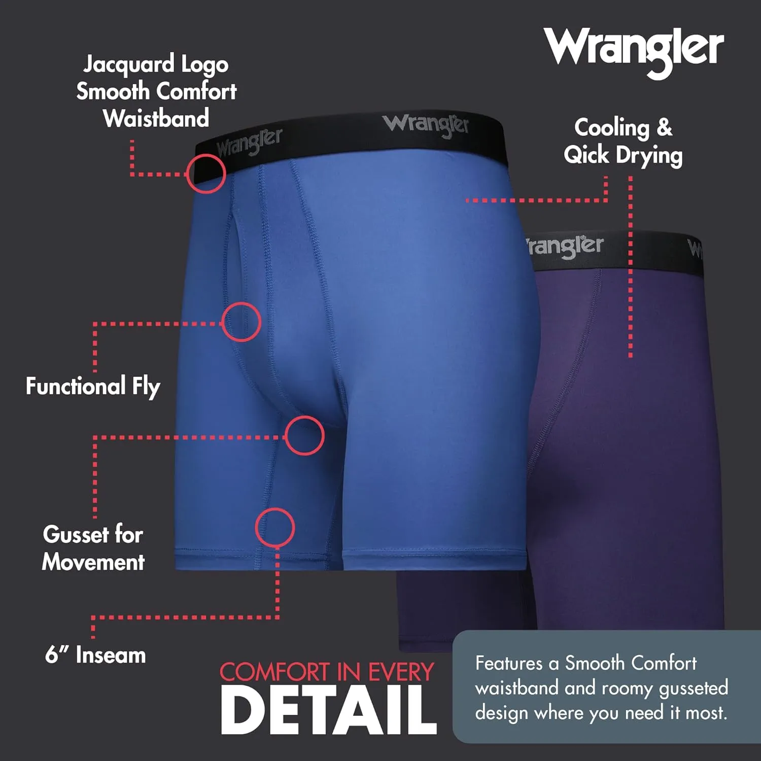 Wrangler Men’s Cooling Boxer Briefs, 6” Inseam, Moisture-Wicking, Stretch Fabric, Pack of 6, Quick Dry
