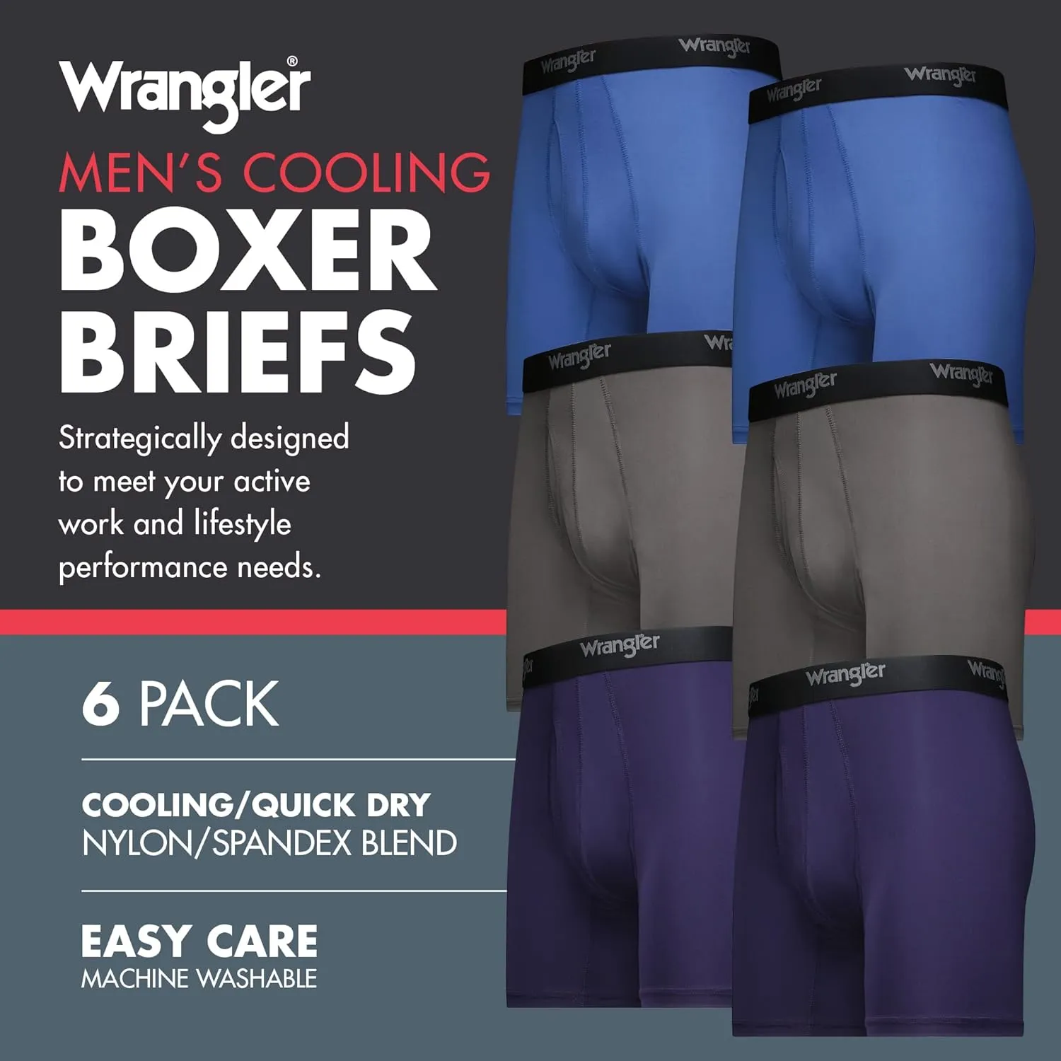 Wrangler Men’s Cooling Boxer Briefs, 6” Inseam, Moisture-Wicking, Stretch Fabric, Pack of 6, Quick Dry