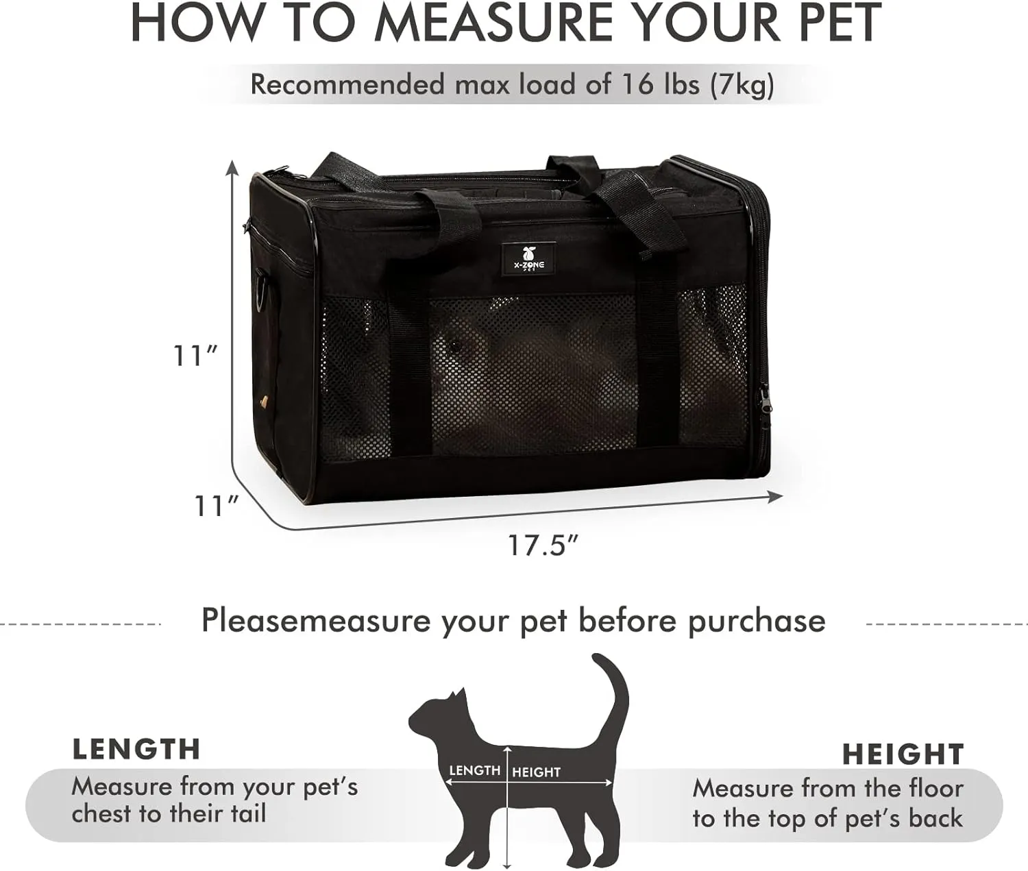 X-ZONE PET Cat Carrier Dog Carrying Case for Pets Up to 15 Lbs, Airline Approved Travel Puppy Bag, with Removable Fleece Pad 17x11x11 Inches Black