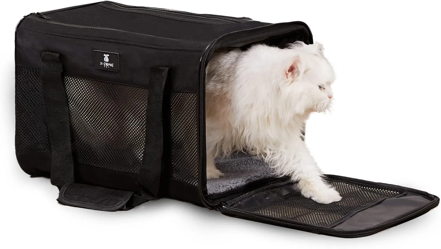 X-ZONE PET Cat Carrier Dog Carrying Case for Pets Up to 15 Lbs, Airline Approved Travel Puppy Bag, with Removable Fleece Pad 17x11x11 Inches Black