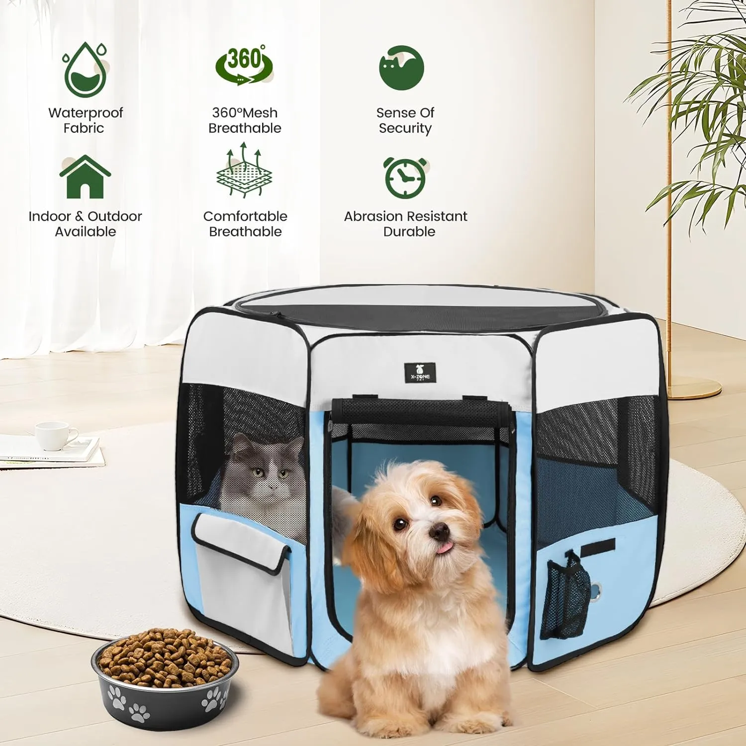 X-ZONE PET Dog Playpen Portable Pet Play Pens for Puppies, Cat, Rabbit, Chicks, Foldable Exercise Play Tent Kennel Crate, Indoor/Outdoor Travel Camping Blue Large