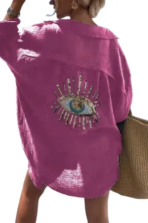 XPONNI Long Sleeve Linen Button Down Shirt Women Oversized Sequin Evil Eye Shirts Dress Beach Cover Ups Summer 2024