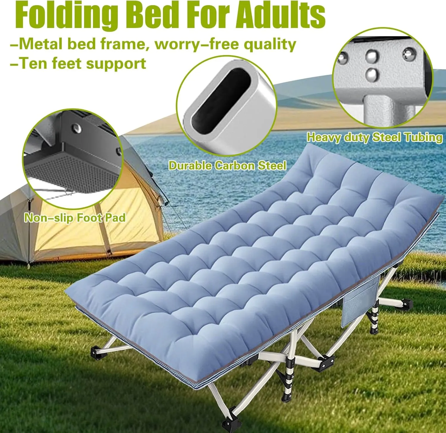 XXL Camping Cots Oversize Cots for Adults Extra Large Cots for Sleeping with Mattress Heavy Duty Camping Bed with Carry Bag Folding Cot for Hiking Camping Indoor Office Nap Vacation Easy to Set up