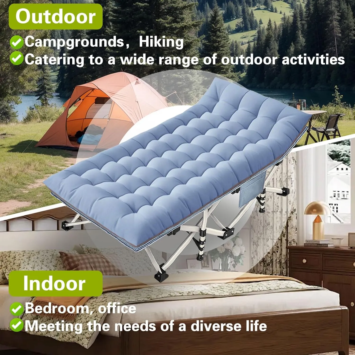 XXL Camping Cots Oversize Cots for Adults Extra Large Cots for Sleeping with Mattress Heavy Duty Camping Bed with Carry Bag Folding Cot for Hiking Camping Indoor Office Nap Vacation Easy to Set up