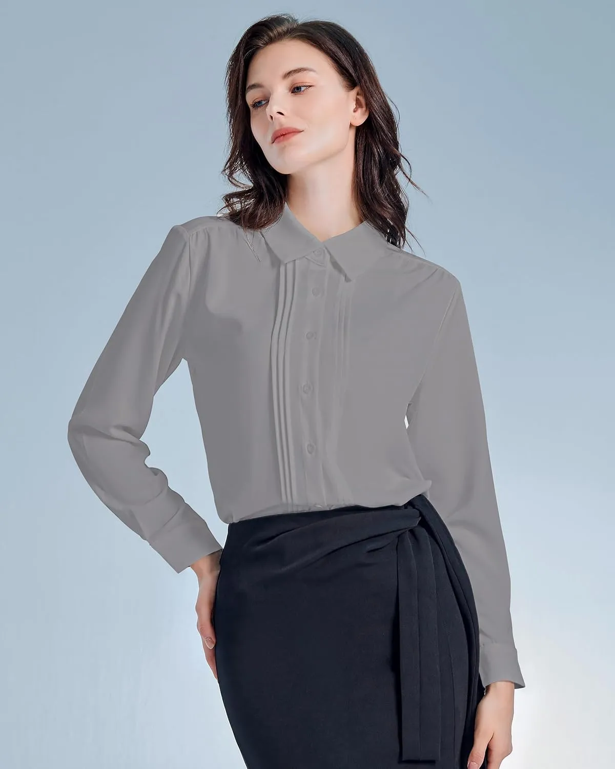 YAMANMAN Womens Button Down Shirts Long Sleeve Casual Chiffon Blouses Loose Pleated Collared Work Office Tops