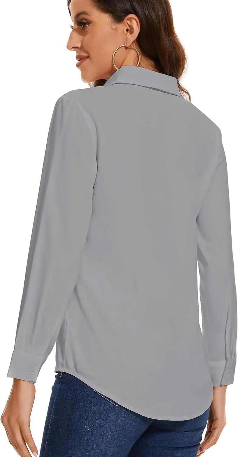YAMANMAN Womens Button Down Shirts Long Sleeve Casual Chiffon Blouses Loose Pleated Collared Work Office Tops