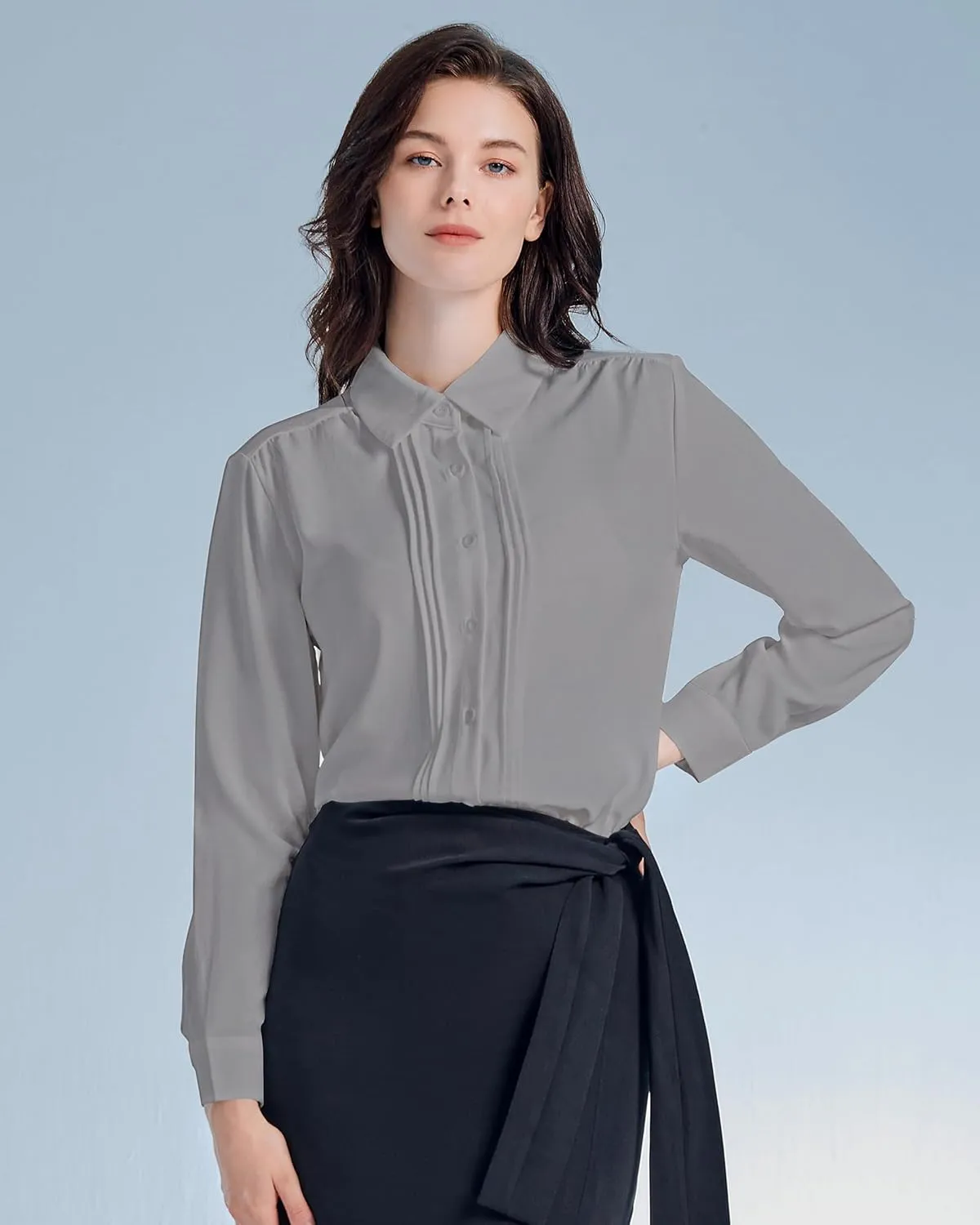 YAMANMAN Womens Button Down Shirts Long Sleeve Casual Chiffon Blouses Loose Pleated Collared Work Office Tops