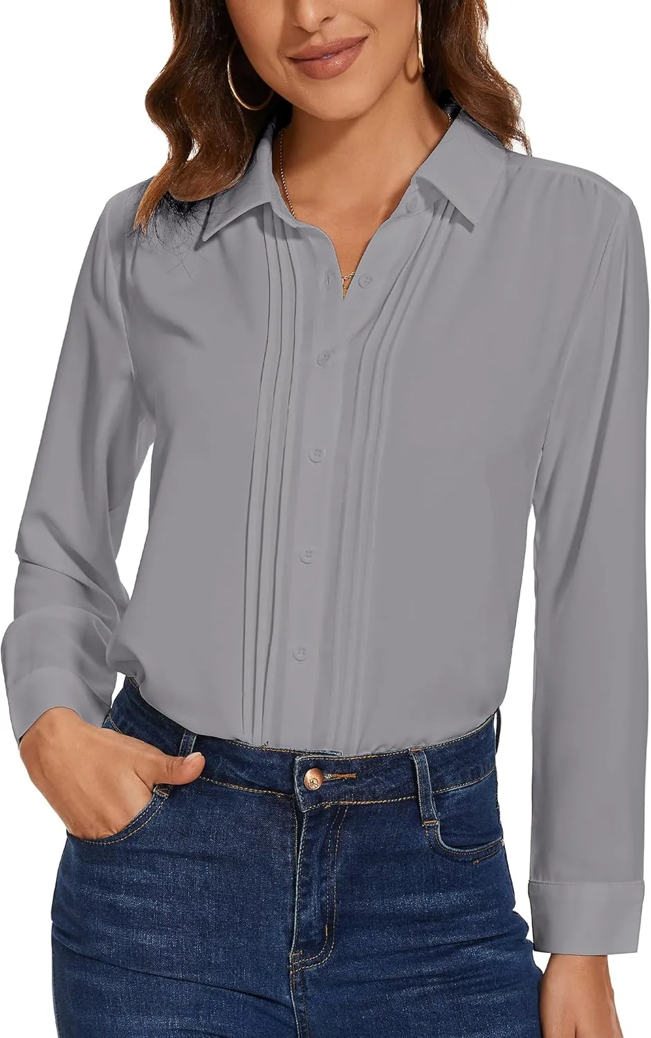 YAMANMAN Womens Button Down Shirts Long Sleeve Casual Chiffon Blouses Loose Pleated Collared Work Office Tops