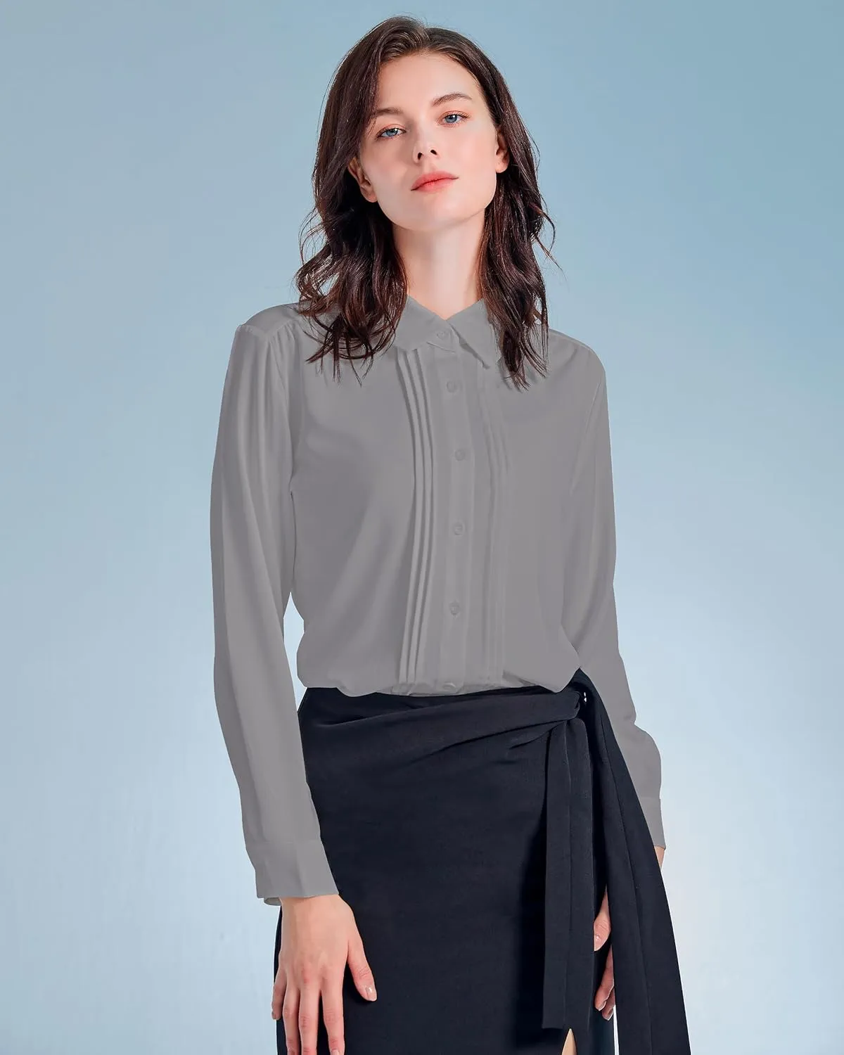 YAMANMAN Womens Button Down Shirts Long Sleeve Casual Chiffon Blouses Loose Pleated Collared Work Office Tops