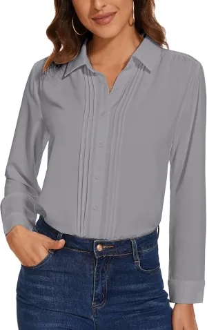 YAMANMAN Womens Button Down Shirts Long Sleeve Casual Chiffon Blouses Loose Pleated Collared Work Office Tops