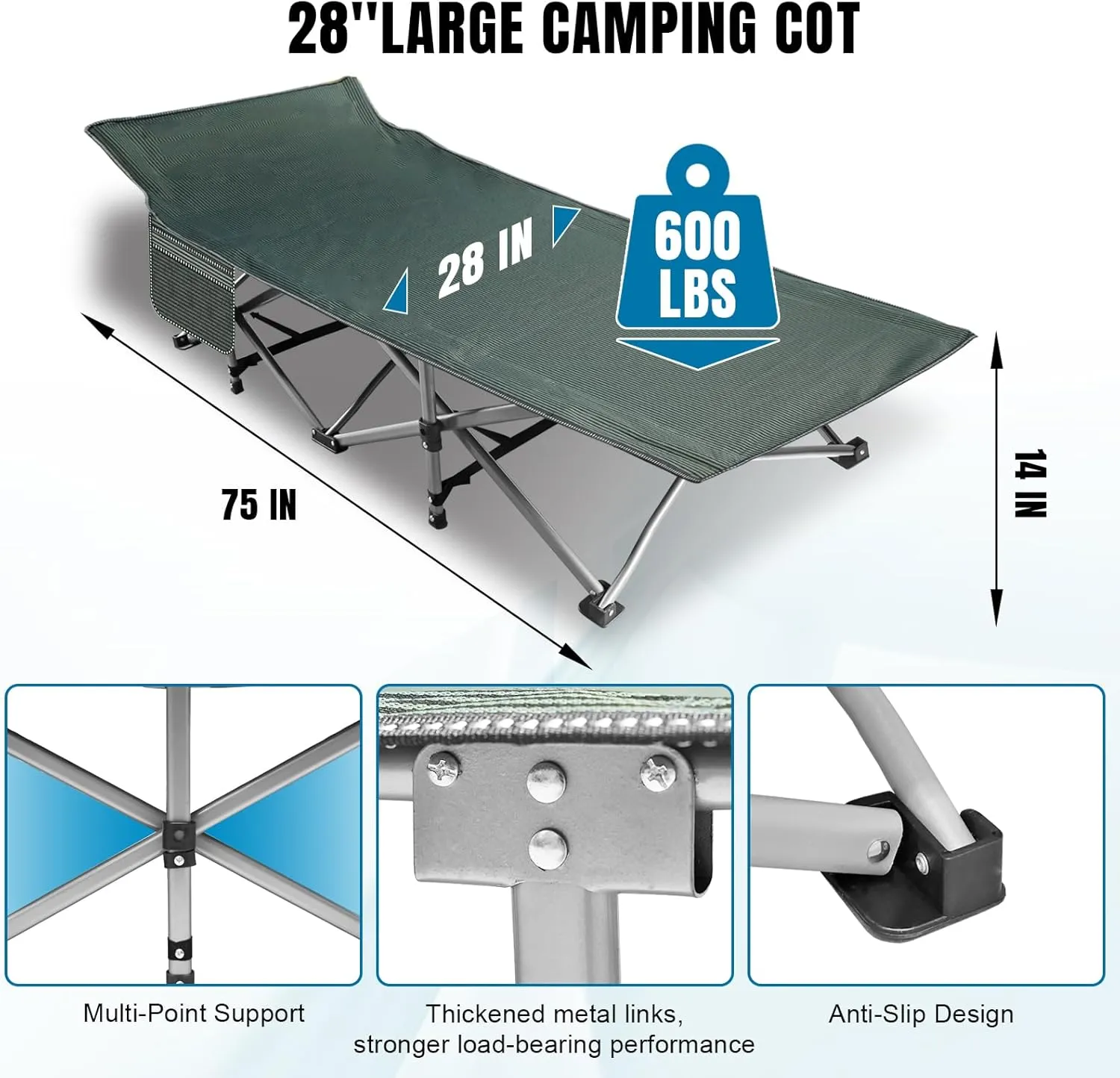 YELLOW JACKET Folding Cot with Mattress, Sleeping Cot with Carry Bag, Camping Cots for Adults 600lbs Max Load, 28" Wide Portable Folding Cots for Camping Home Office Nap Beach Travel