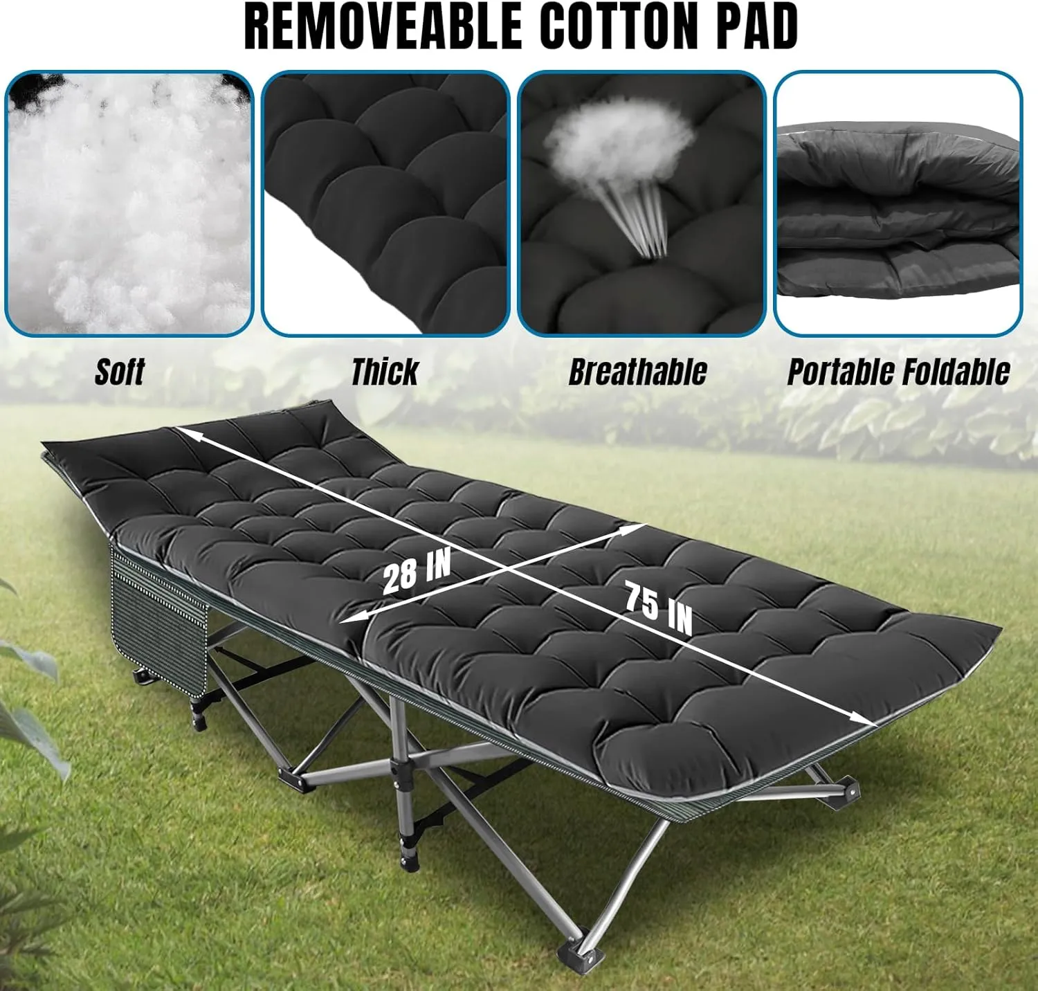 YELLOW JACKET Folding Cot with Mattress, Sleeping Cot with Carry Bag, Camping Cots for Adults 600lbs Max Load, 28" Wide Portable Folding Cots for Camping Home Office Nap Beach Travel