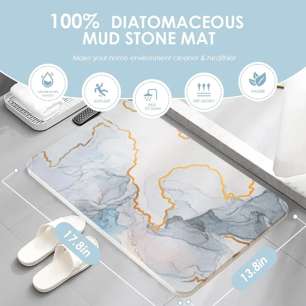 Yoebor Diatomite Stone Bath Mat for Bathroom -Diatomaceous Earth Bathmat Non Slip Quick Drying Mats for Kitchen Counter & Tub, Blue Marble 17.8" x 13.8"