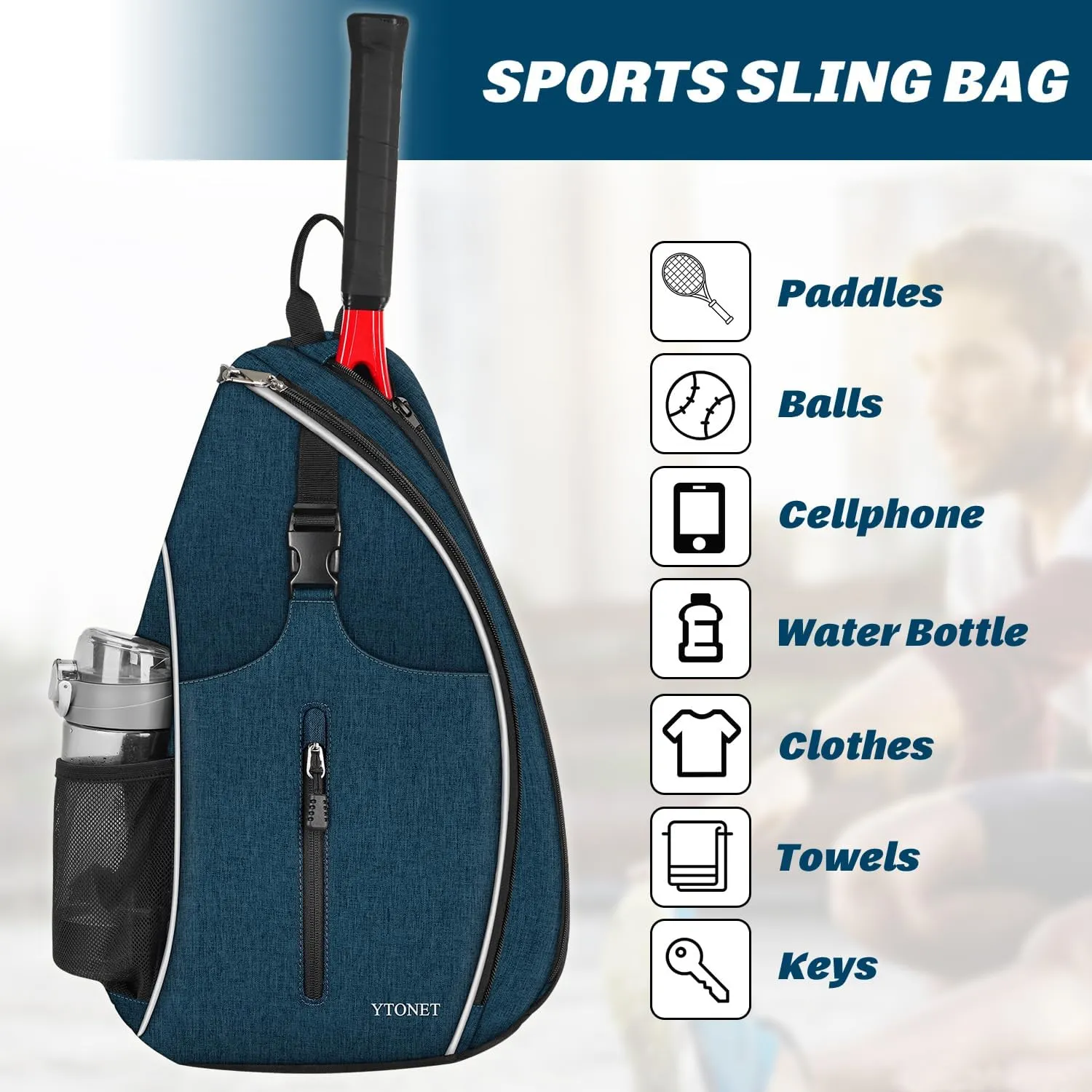 Ytonet Tennis Bag, Tennis Sling Backpack Crossbody Water Resistant for Men Women, Compatible for Pickleball Badminton Rackets