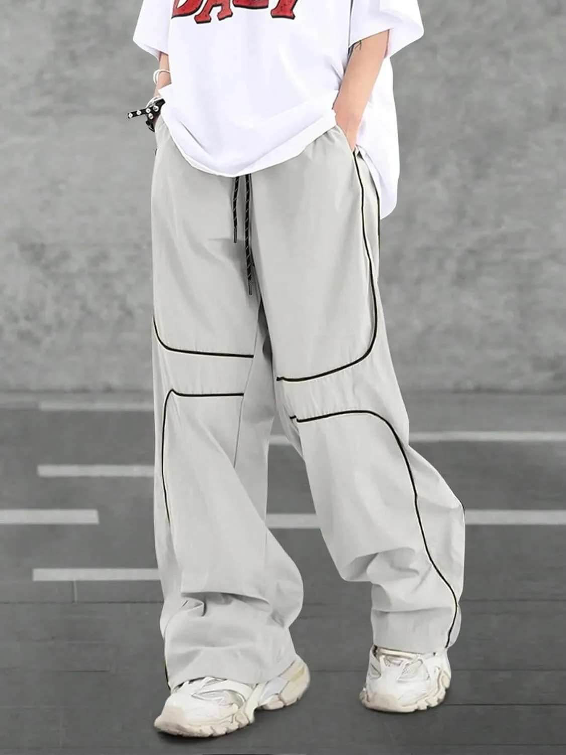 ZAFUL Mens Baggy Pants Y2K Contrast Piping Drawstring Sweatpants Fashion Unisex Oversized Cargo Pants for Men with Pockets