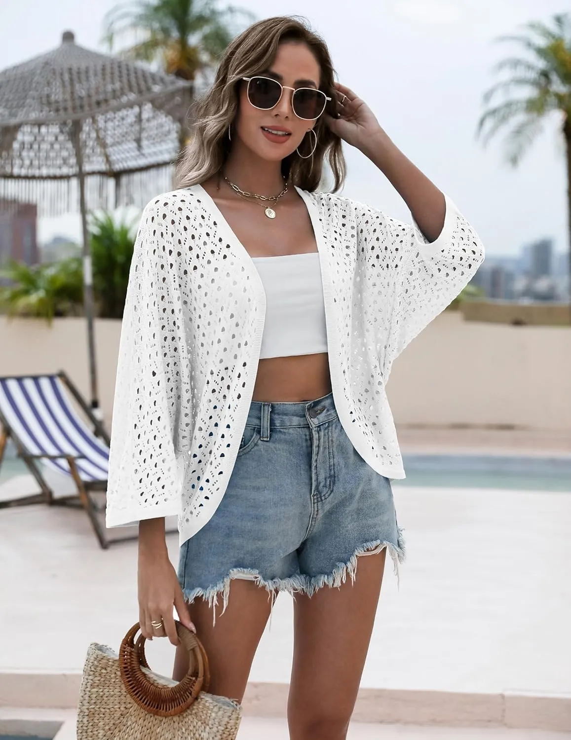 Zeagoo Womens Summer Crochet Cardigan Sweaters Lightweight Open Front 3/4 Sleeve Batwing Kimono Boho Knit Cover Ups 2025