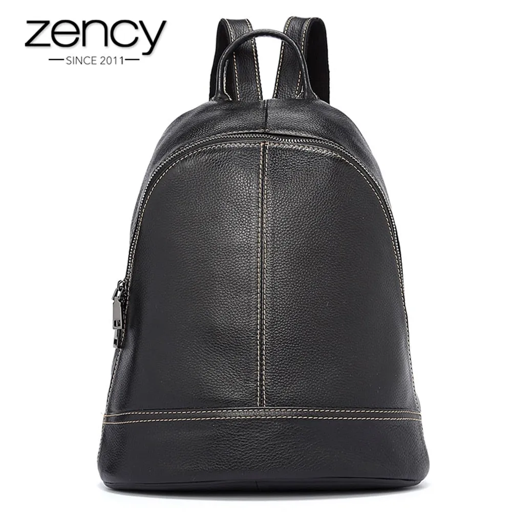 Zency 100% Genuine Leather Fashion Women Backpack Preppy Style Girl's Schoolbag Black Holiday Knapsack Lady Casual Travel Bag