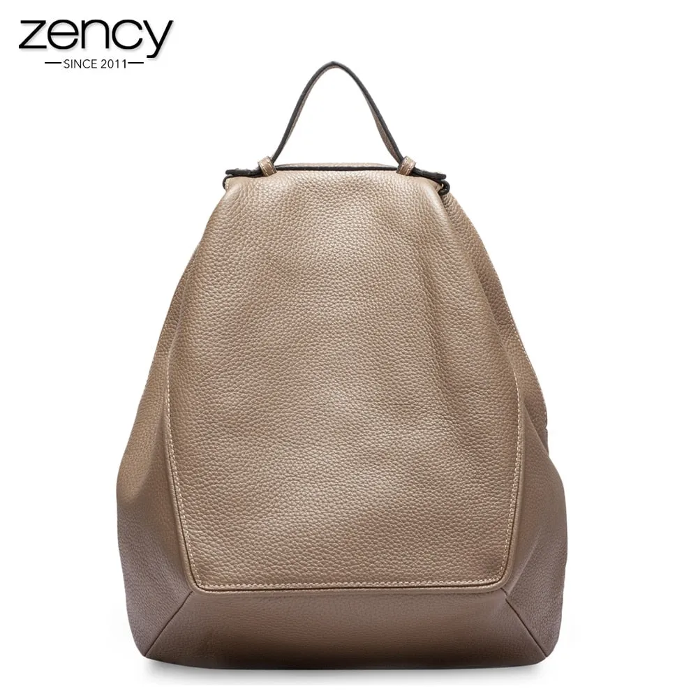Zency New Model 100% Natural Leather Women Backpack Large Travel Bags Irregular Oval Daily Knapsack Girl's Schoolbag Khaki