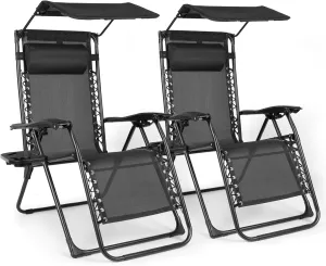Zero Gravity Chairs Set of 2, Oversized Outdoor Recliner Patio Lounge Chair with Canopy Shade, Foldable Outdoor Lounger with Cup Holder Tray for Backyard Beach Camping, Black