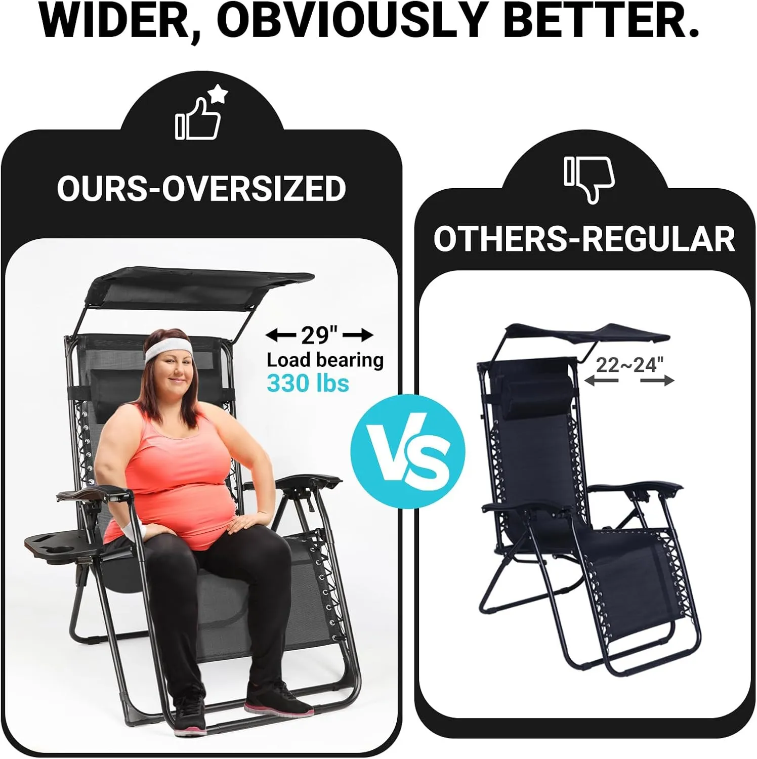 Zero Gravity Chairs Set of 2, Oversized Outdoor Recliner Patio Lounge Chair with Canopy Shade, Foldable Outdoor Lounger with Cup Holder Tray for Backyard Beach Camping, Black