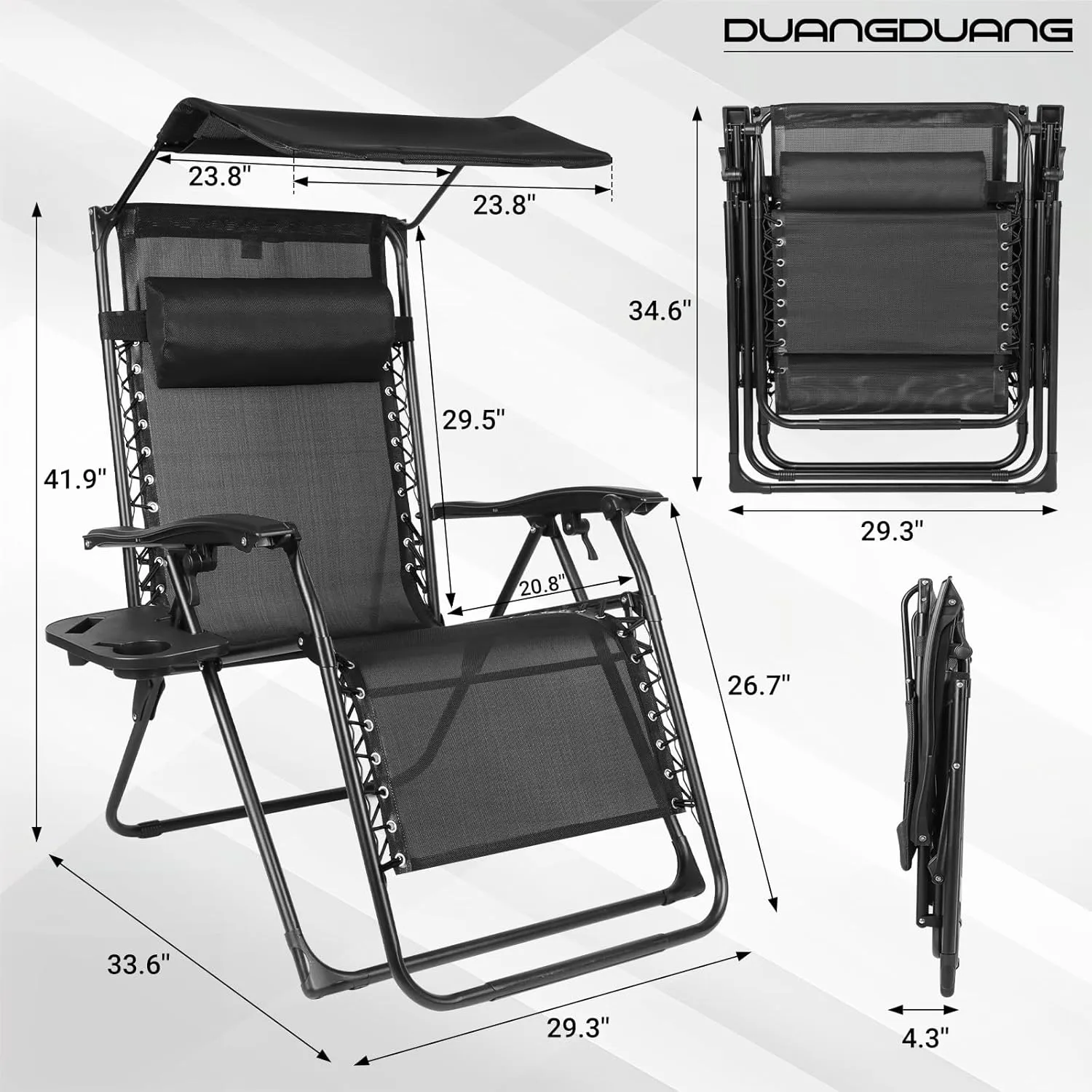 Zero Gravity Chairs Set of 2, Oversized Outdoor Recliner Patio Lounge Chair with Canopy Shade, Foldable Outdoor Lounger with Cup Holder Tray for Backyard Beach Camping, Black