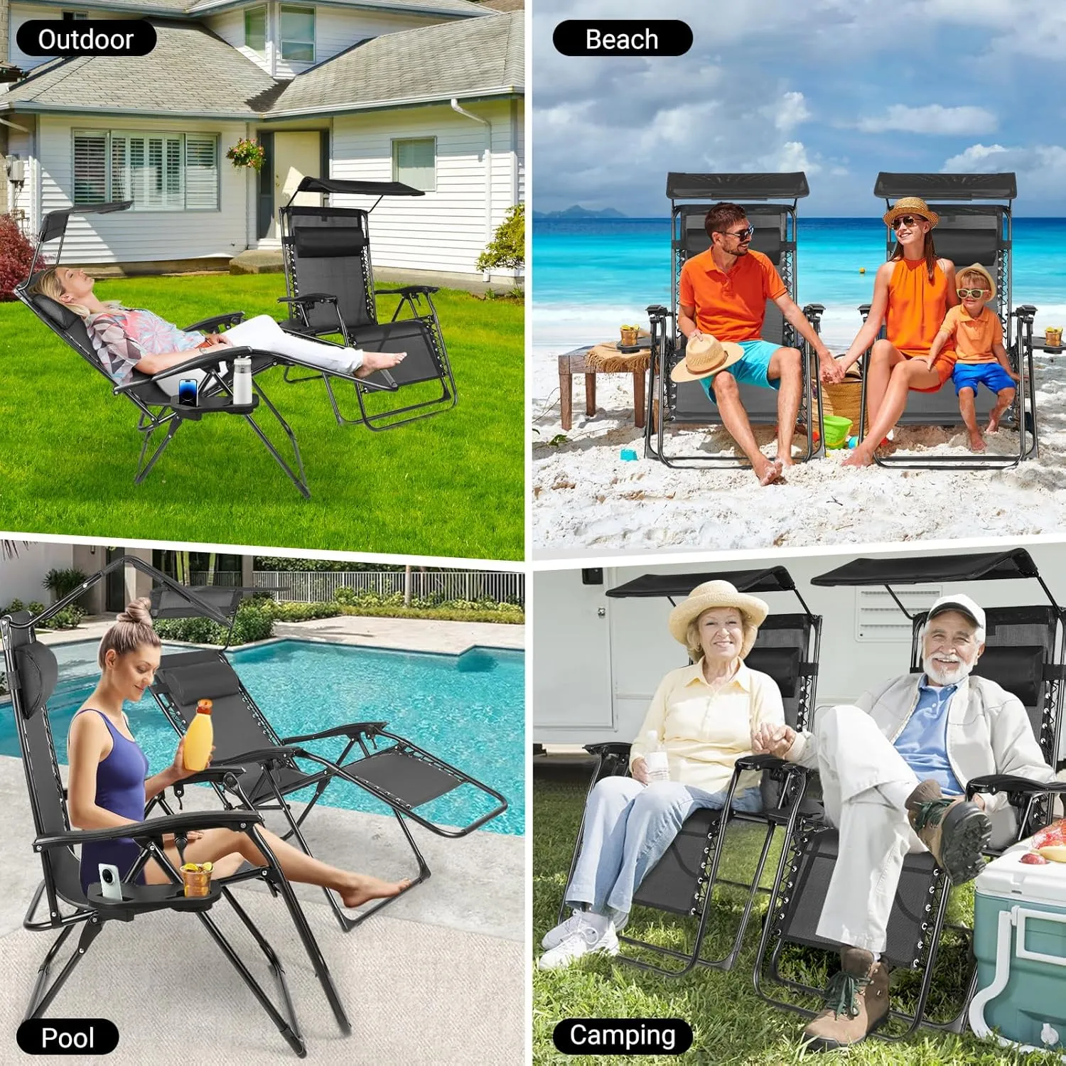 Zero Gravity Chairs Set of 2, Oversized Outdoor Recliner Patio Lounge Chair with Canopy Shade, Foldable Outdoor Lounger with Cup Holder Tray for Backyard Beach Camping, Black