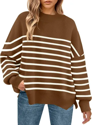 ZESICA Women's Winter Oversized Sweaters Long Sleeve Color Block Mock Neck Side Slit Comfy Loose Knitted Pullover Tops