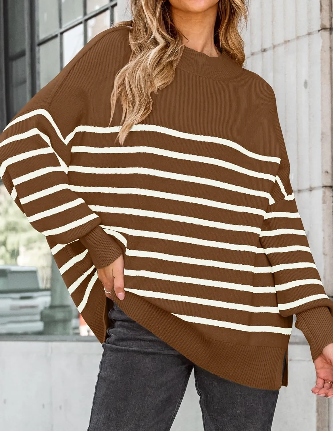 ZESICA Women's Winter Oversized Sweaters Long Sleeve Color Block Mock Neck Side Slit Comfy Loose Knitted Pullover Tops