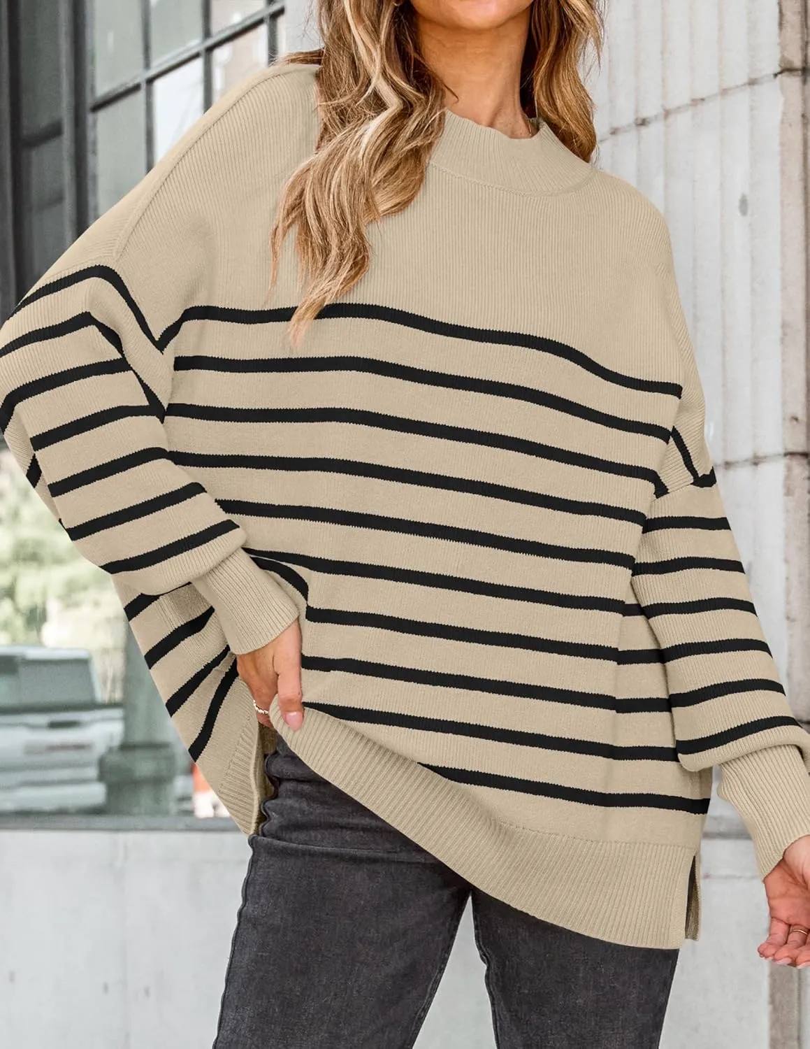 ZESICA Women's Winter Oversized Sweaters Long Sleeve Color Block Mock Neck Side Slit Comfy Loose Knitted Pullover Tops