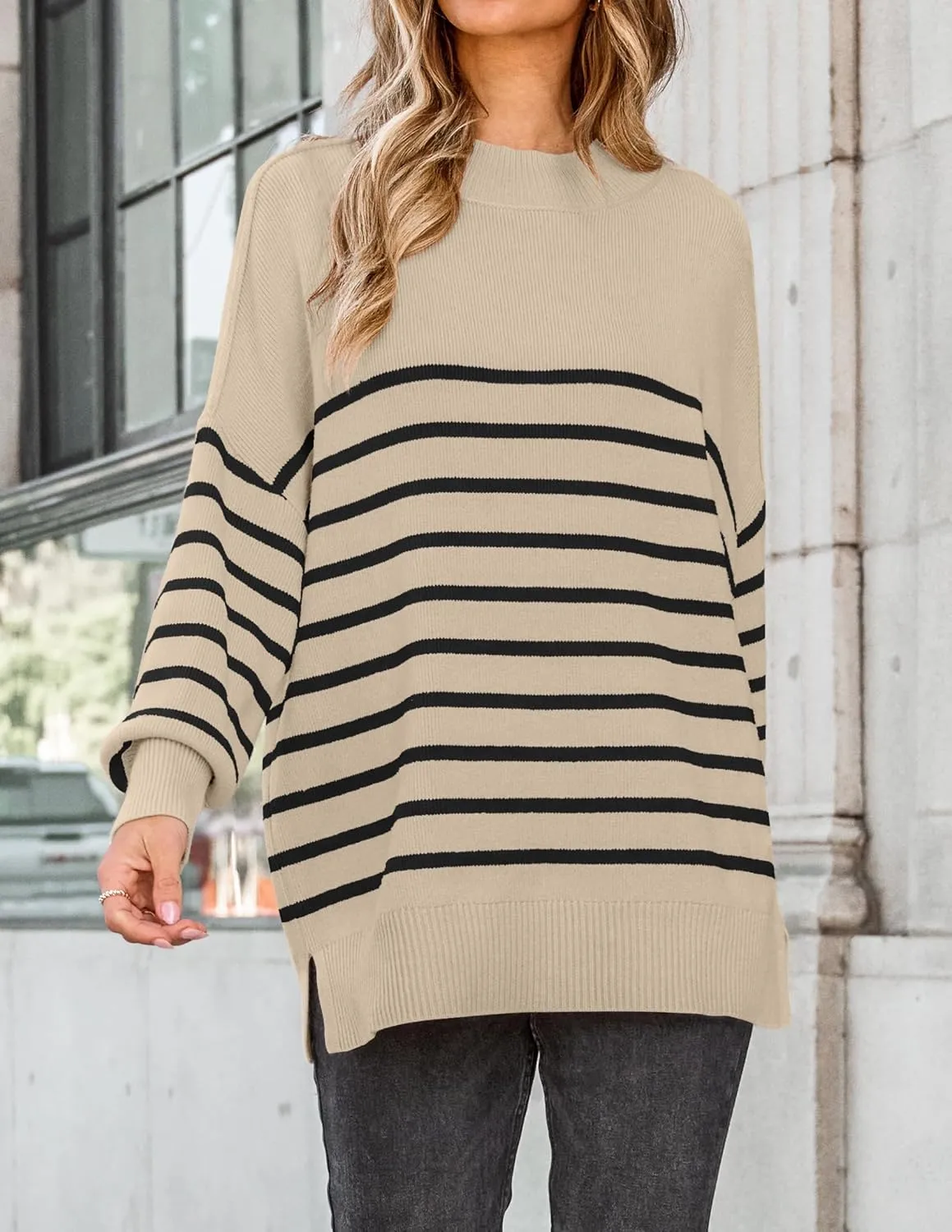 ZESICA Women's Winter Oversized Sweaters Long Sleeve Color Block Mock Neck Side Slit Comfy Loose Knitted Pullover Tops