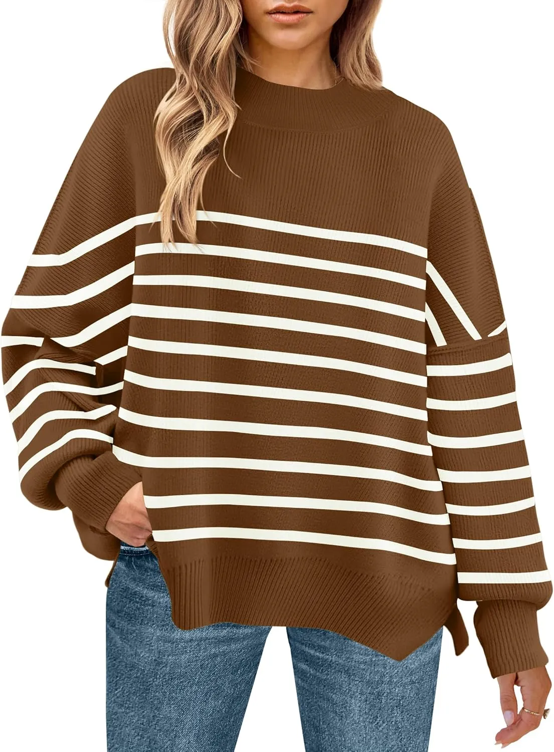 ZESICA Women's Winter Oversized Sweaters Long Sleeve Color Block Mock Neck Side Slit Comfy Loose Knitted Pullover Tops