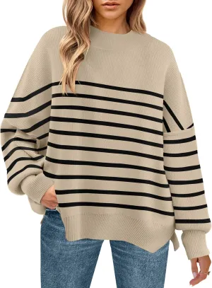 ZESICA Women's Winter Oversized Sweaters Long Sleeve Color Block Mock Neck Side Slit Comfy Loose Knitted Pullover Tops