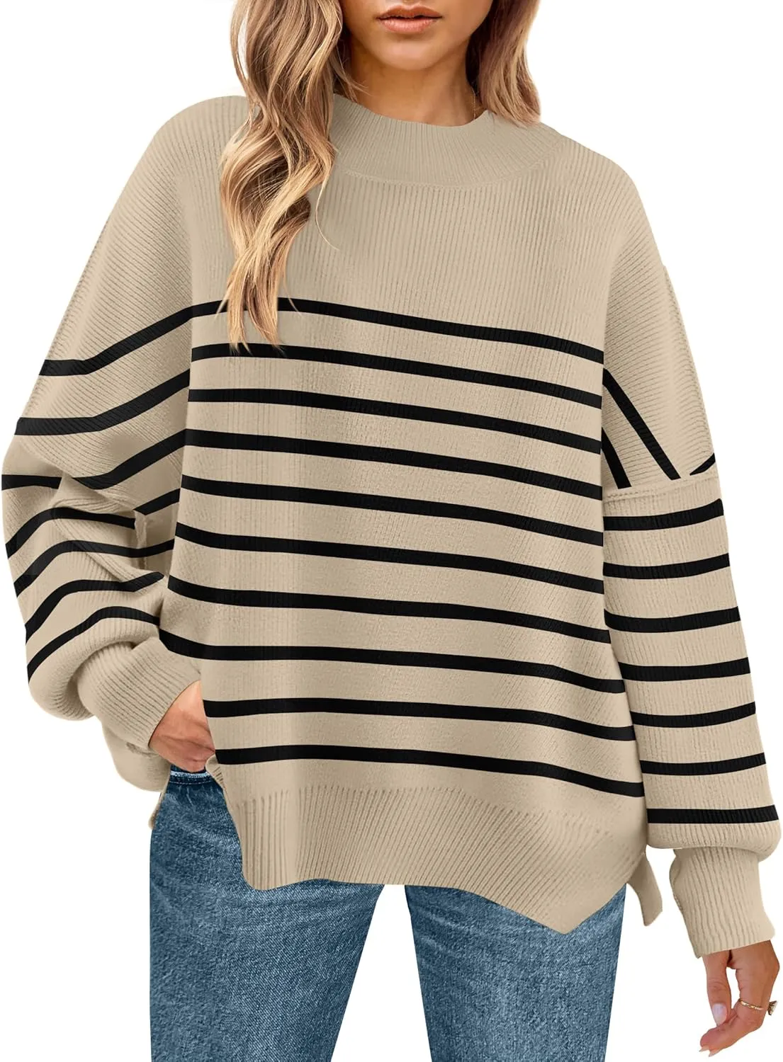 ZESICA Women's Winter Oversized Sweaters Long Sleeve Color Block Mock Neck Side Slit Comfy Loose Knitted Pullover Tops