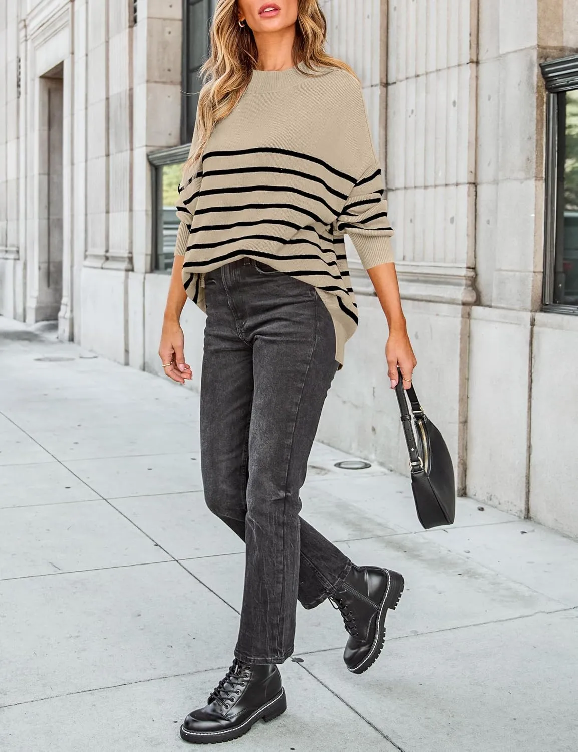 ZESICA Women's Winter Oversized Sweaters Long Sleeve Color Block Mock Neck Side Slit Comfy Loose Knitted Pullover Tops