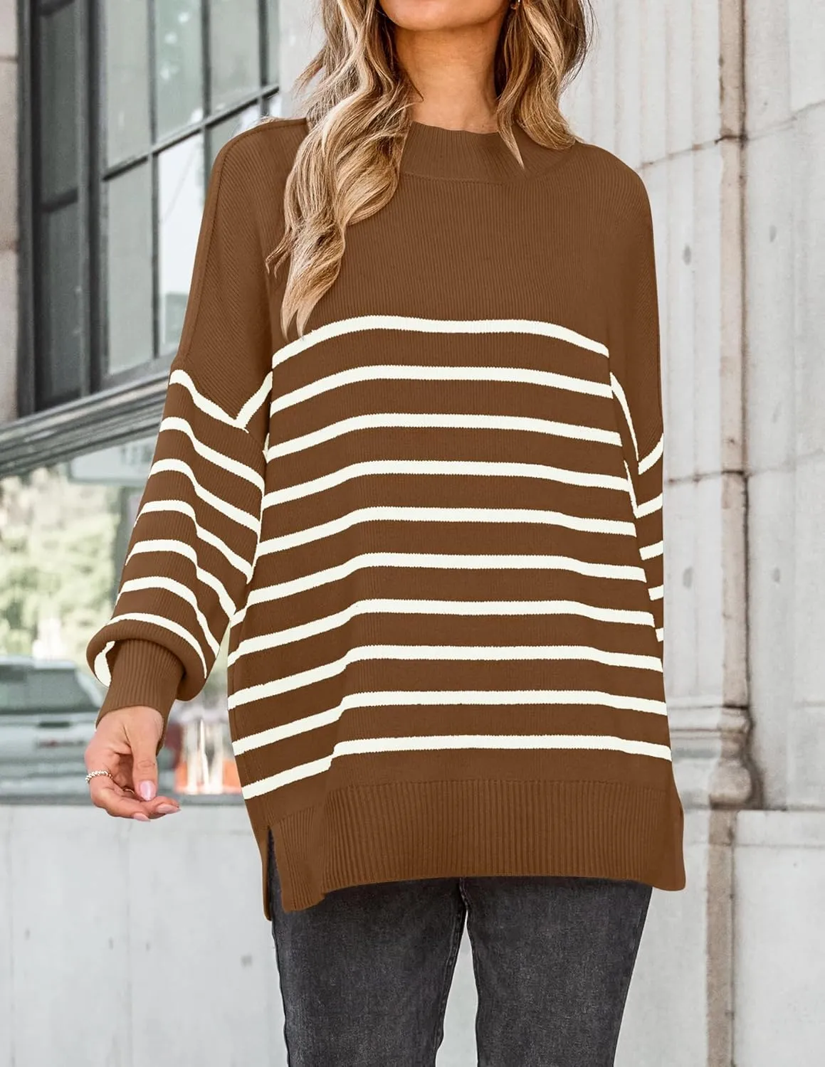 ZESICA Women's Winter Oversized Sweaters Long Sleeve Color Block Mock Neck Side Slit Comfy Loose Knitted Pullover Tops