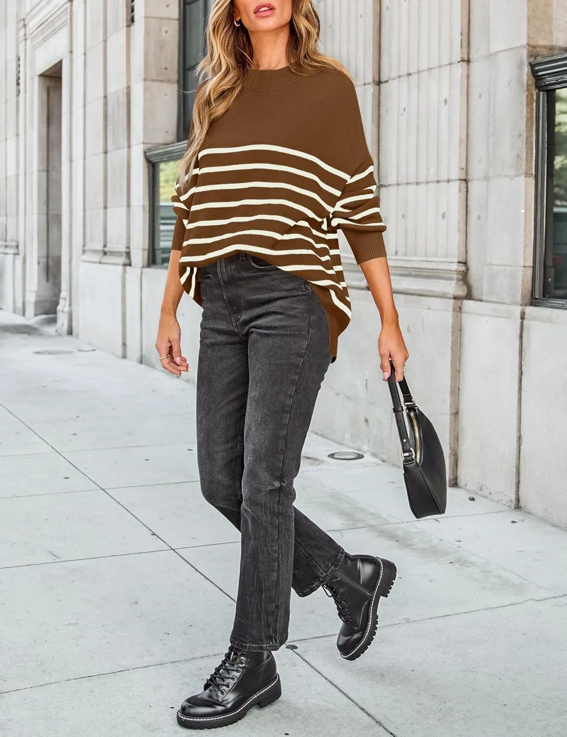 ZESICA Women's Winter Oversized Sweaters Long Sleeve Color Block Mock Neck Side Slit Comfy Loose Knitted Pullover Tops