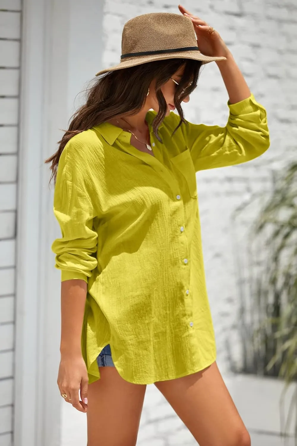 Zhaovi's Women's White Button Down Shirts Summer Beach Cover Up Long Sleeve Blouses Tunic Bikini Swimsuit