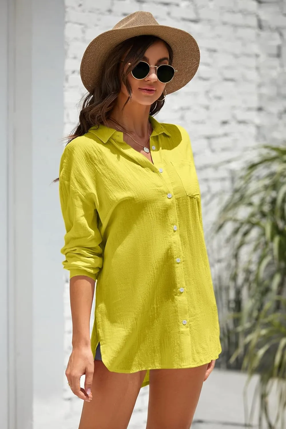 Zhaovi's Women's White Button Down Shirts Summer Beach Cover Up Long Sleeve Blouses Tunic Bikini Swimsuit