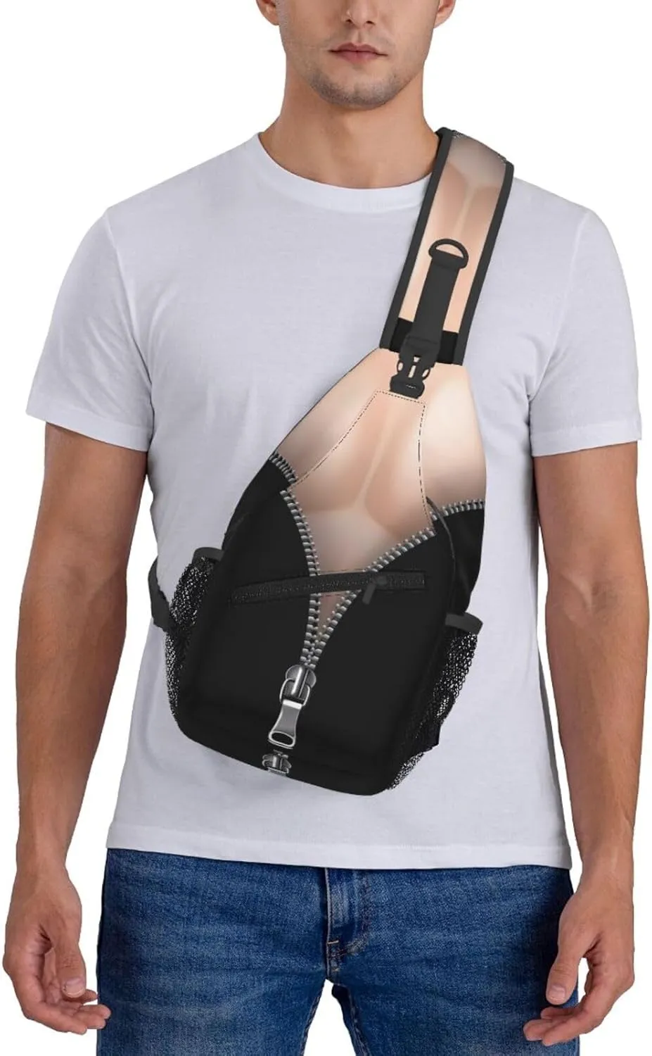 Zipper Fake Muscles Crossbody Bag Cross Chest Bag Adjustable Sling Backpack Sports Gym Shoulder Bags Travel Cycling Daypack Diagonally Casual Rucksack