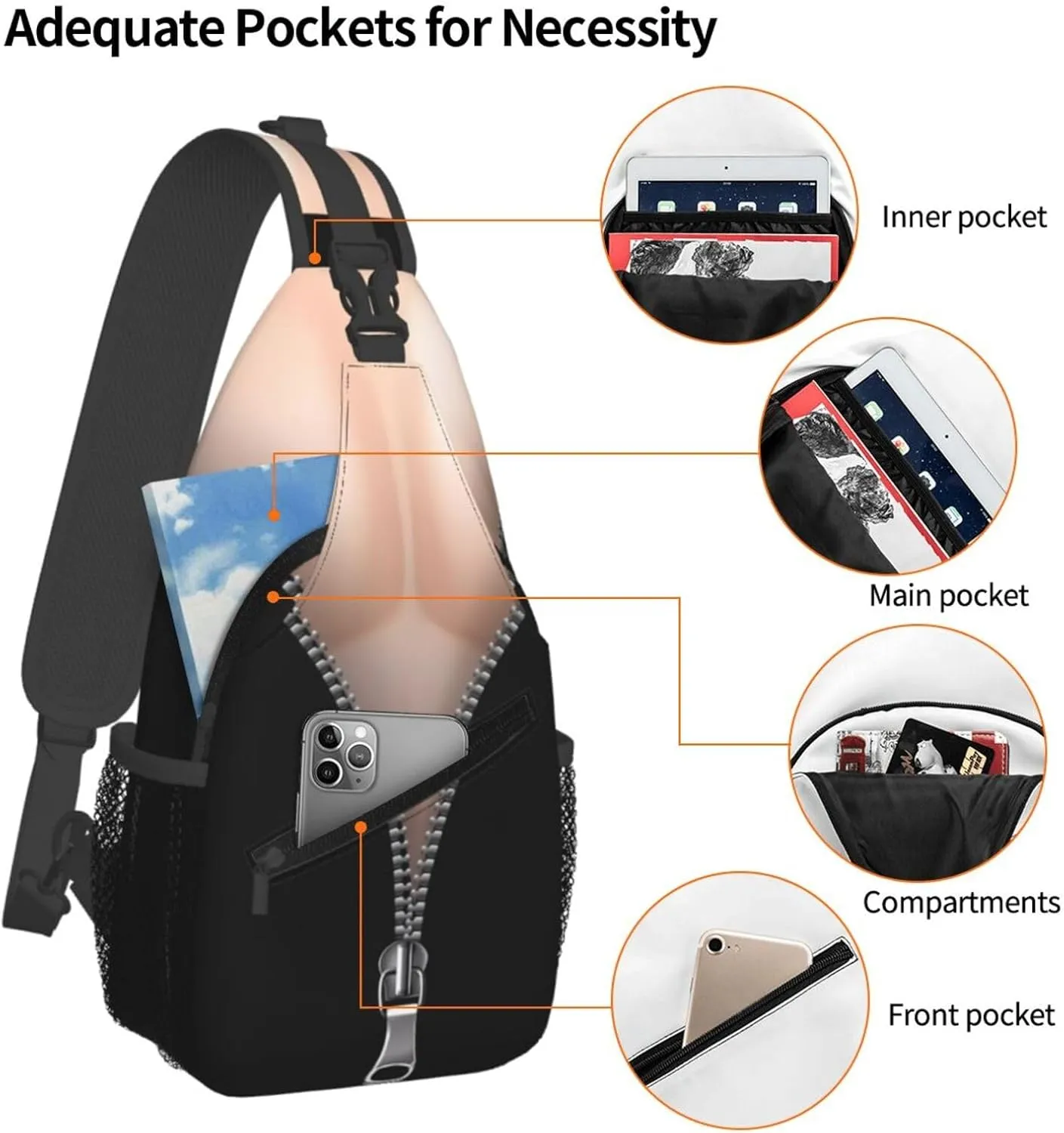 Zipper Fake Muscles Crossbody Bag Cross Chest Bag Adjustable Sling Backpack Sports Gym Shoulder Bags Travel Cycling Daypack Diagonally Casual Rucksack