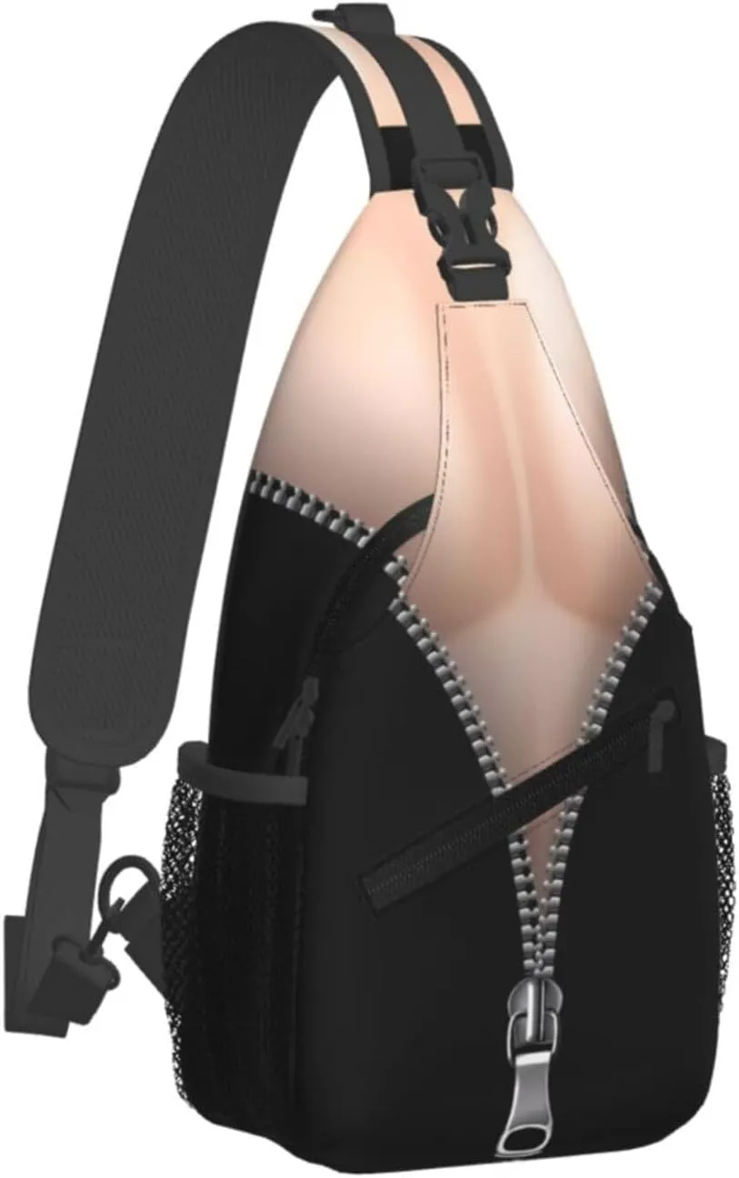 Zipper Fake Muscles Crossbody Bag Cross Chest Bag Adjustable Sling Backpack Sports Gym Shoulder Bags Travel Cycling Daypack Diagonally Casual Rucksack