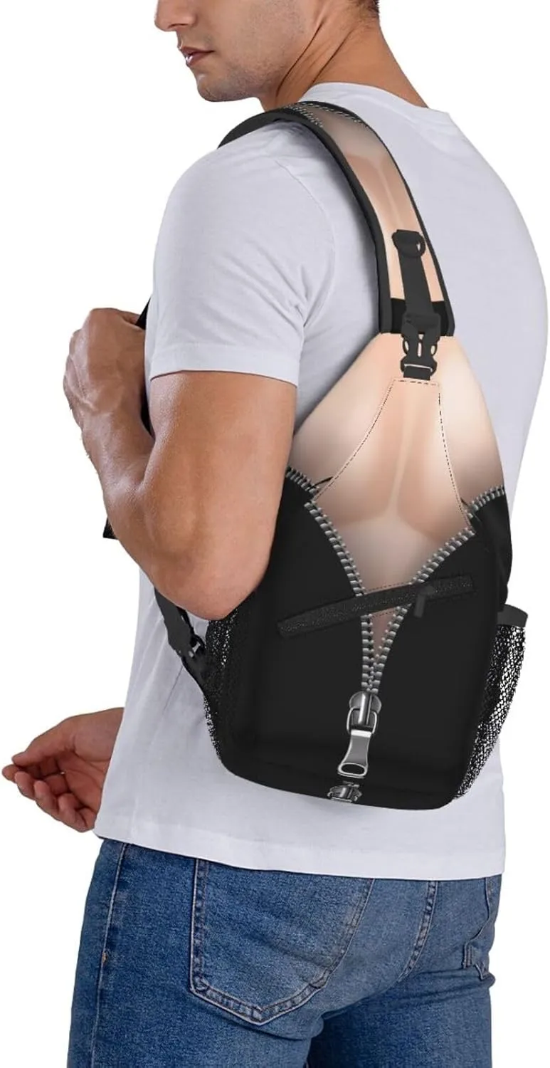 Zipper Fake Muscles Crossbody Bag Cross Chest Bag Adjustable Sling Backpack Sports Gym Shoulder Bags Travel Cycling Daypack Diagonally Casual Rucksack