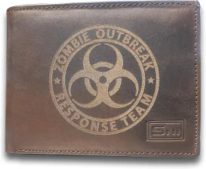 Zombie Outbreak Response Team Genuine Cowhide Leather Laser Engraved Engraving Slimfold Mens Large Capacity Luxury Wallet Purse Minimalist Sleek and Slim Brown Credit Card Holder Organizer 14 Pockets